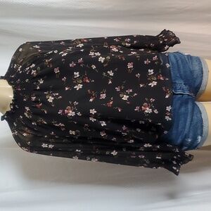 Madewell Long Sleeve Smocked Mock Neck Black Floral Blouse Size S